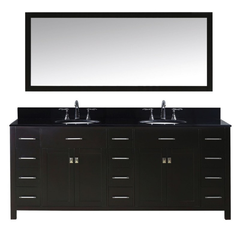 Caroline Parkway 78" Double Bathroom Vanity in Espresso with Black Galaxy Granite Top and Round Sink with Brushed Nickel Faucet and Mirror