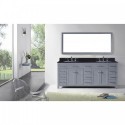 Caroline Parkway 78" Double Bathroom Vanity in Grey with Black Galaxy Granite Top and Round Sink with Polished Chrome Faucet and Mirror