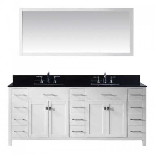 Caroline Parkway 78" Double Bathroom Vanity in White with Black Galaxy Granite Top and Square Sink with Mirror