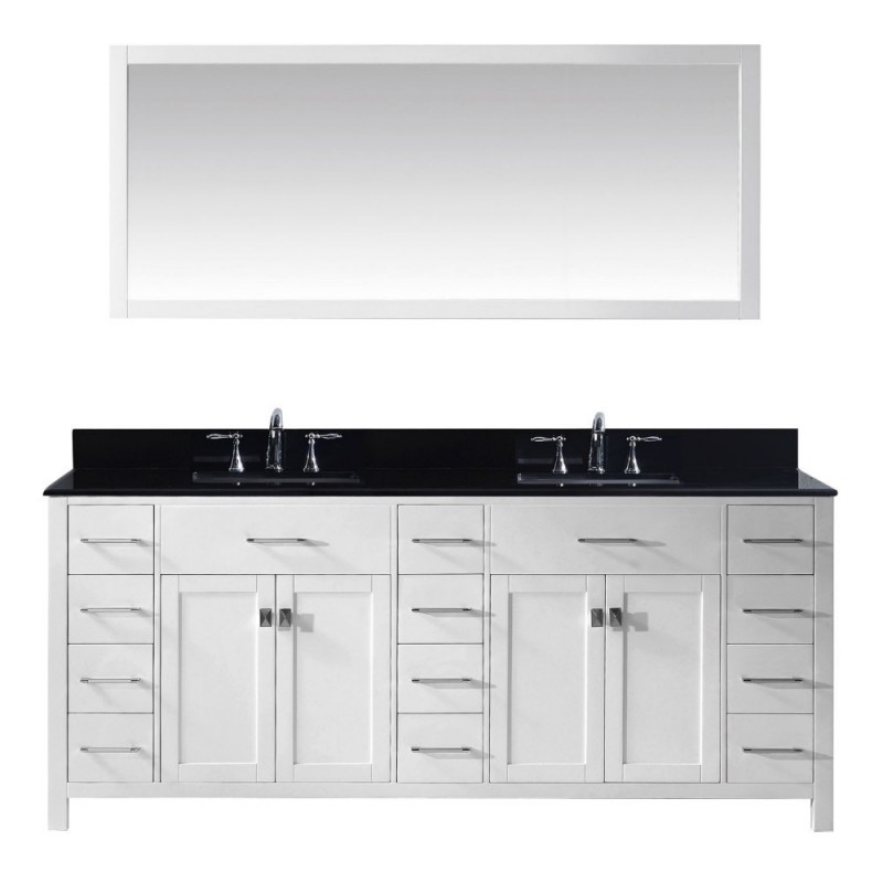 Caroline Parkway 78" Double Bathroom Vanity in White with Black Galaxy Granite Top and Square Sink with Mirror