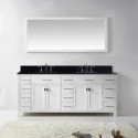 Caroline Parkway 78" Double Bathroom Vanity in White with Black Galaxy Granite Top and Square Sink with Mirror