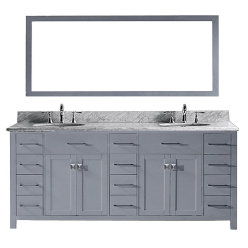 Caroline Parkway 78" Double Bathroom Vanity in Grey with Marble Top and Round Sink with Brushed Nickel Faucet and Mirror
