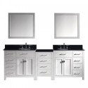 Caroline Parkway 93" Double Bathroom Vanity in White with Black Galaxy Granite Top and Round Sink with Mirrors