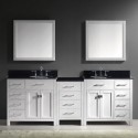 Caroline Parkway 93" Double Bathroom Vanity in White with Black Galaxy Granite Top and Round Sink with Mirrors