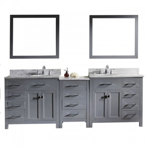 Caroline Parkway 93" Double Bathroom Vanity in Grey with Marble Top and Round Sink with Mirrors