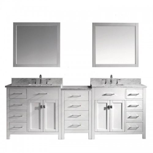 Caroline Parkway 93" Double Bathroom Vanity in White with Marble Top and Square Sink with Mirrors