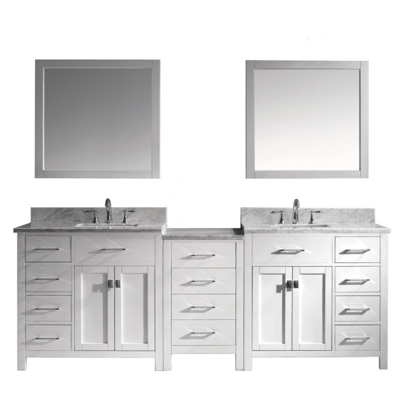 Caroline Parkway 93" Double Bathroom Vanity in White with Marble Top and Square Sink with Polished Chrome Faucet and Mirrors