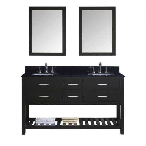 Caroline Estate 60" Double Bathroom Vanity in Espresso with Black Galaxy Granite Top and Round Sink with Mirrors