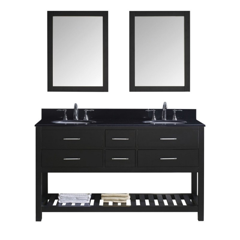 Caroline Estate 60" Double Bathroom Vanity in Espresso with Black Galaxy Granite Top and Round Sink with Brushed Nickel Faucet and Mirrors