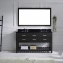 Caroline Estate 60" Double Bathroom Vanity in Espresso with Black Galaxy Granite Top and Round Sink with Polished Chrome Faucet and Mirror