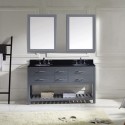 Caroline Estate 60" Double Bathroom Vanity in Grey with Black Galaxy Granite Top and Round Sink with Polished Chrome Faucet and Mirrors