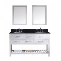 Caroline Estate 60" Double Bathroom Vanity in White with Black Galaxy Granite Top and Round Sink with Mirrors