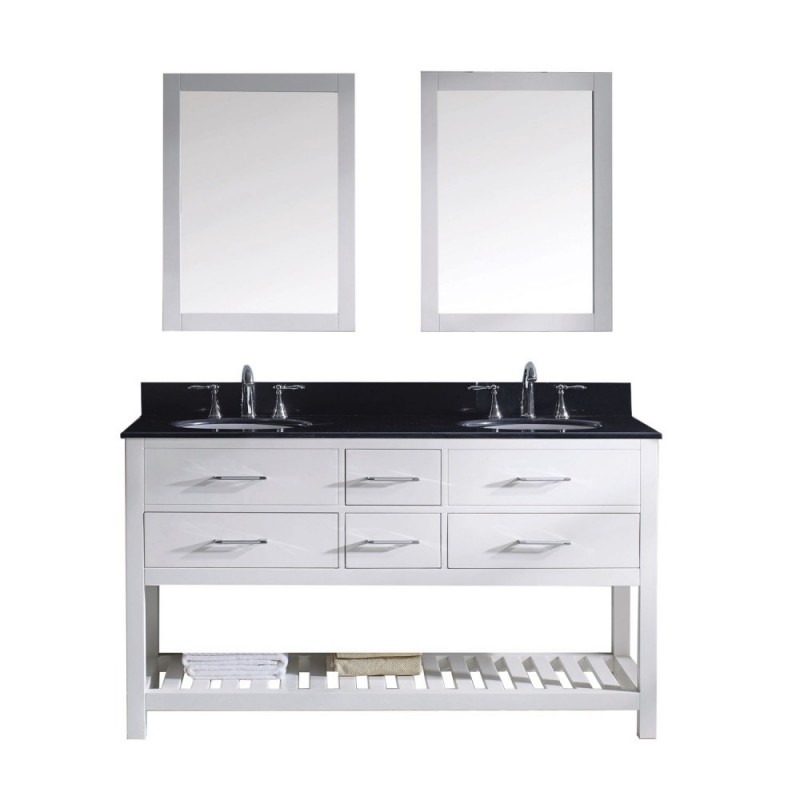 Caroline Estate 60" Double Bathroom Vanity in White with Black Galaxy Granite Top and Round Sink with Polished Chrome Faucet and Mirrors
