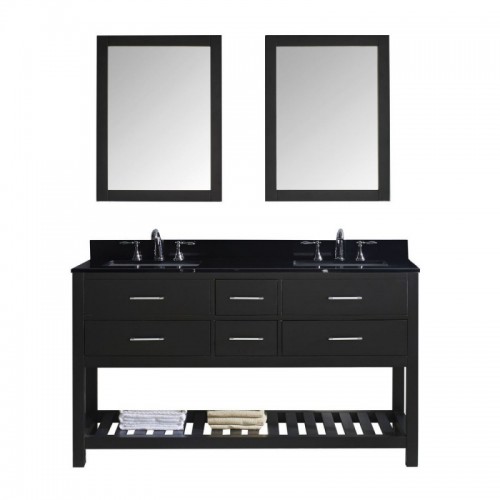Caroline Estate 60" Double Bathroom Vanity in Espresso with Black Galaxy Granite Top and Square Sink with Brushed Nickel Faucet and Mirrors