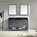 Caroline Estate 60" Double Bathroom Vanity in Grey with Black Galaxy Granite Top and Square Sink with Mirrors