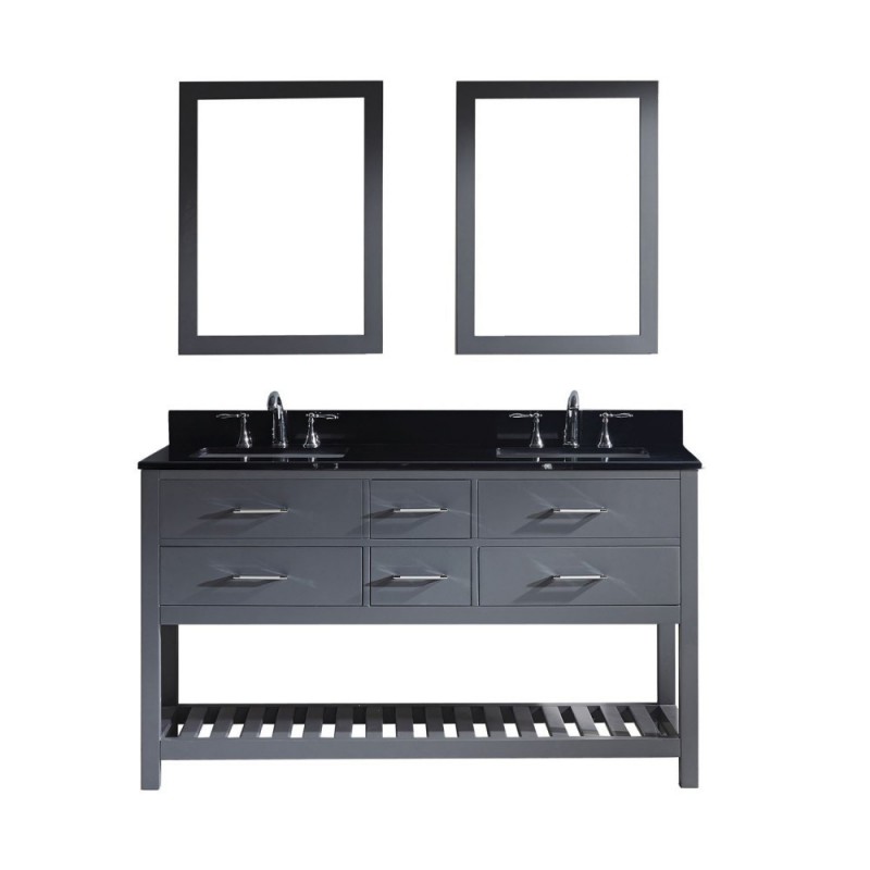Caroline Estate 60" Double Bathroom Vanity in Grey with Black Galaxy Granite Top and Square Sink with Polished Chrome Faucet and Mirrors