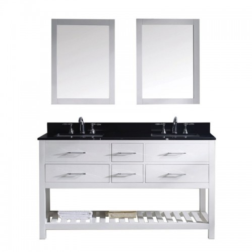 Caroline Estate 60" Double Bathroom Vanity in White with Black Galaxy Granite Top and Square Sink with Brushed Nickel Faucet and Mirrors