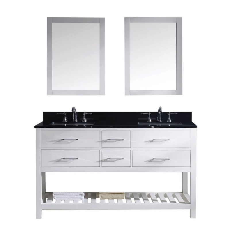 Caroline Estate 60" Double Bathroom Vanity in White with Black Galaxy Granite Top and Square Sink with Brushed Nickel Faucet and Mirrors