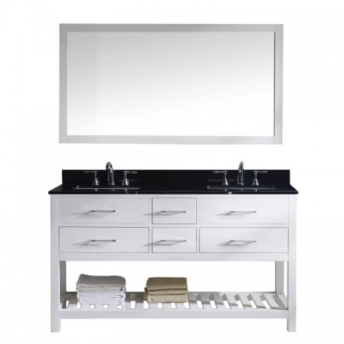 Caroline Estate 60" Double Bathroom Vanity in White with Black Galaxy Granite Top and Square Sink with Polished Chrome Faucet and Mirror