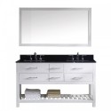 Caroline Estate 60" Double Bathroom Vanity in White with Black Galaxy Granite Top and Square Sink with Polished Chrome Faucet and Mirror