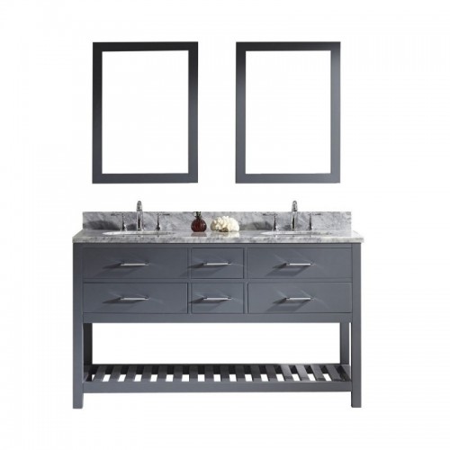 Caroline Estate 60" Double Bathroom Vanity in Grey with Marble Top and Round Sink with Mirrors