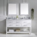 Caroline Estate 60" Double Bathroom Vanity in White with Marble Top and Round Sink with Brushed Nickel Faucet and Mirrors
