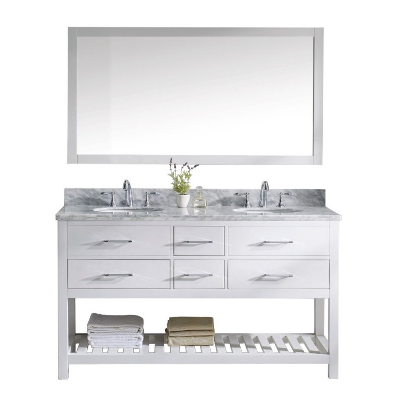 Caroline Estate 60" Double Bathroom Vanity in White with Marble Top and Round Sink with Mirror