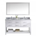 Caroline Estate 60" Double Bathroom Vanity in White with Marble Top and Round Sink with Brushed Nickel Faucet and Mirror