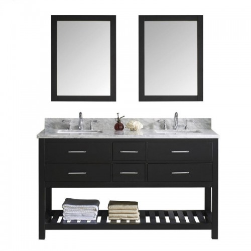 Caroline Estate 60" Double Bathroom Vanity in Espresso with Marble Top and Square Sink with Polished Chrome Faucet and Mirrors