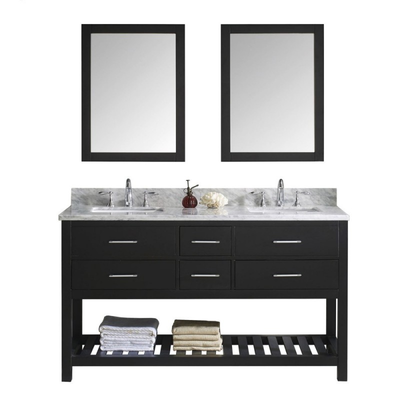 Caroline Estate 60" Double Bathroom Vanity in Espresso with Marble Top and Square Sink with Polished Chrome Faucet and Mirrors