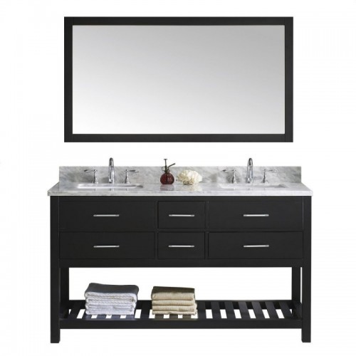 Caroline Estate 60" Double Bathroom Vanity in Espresso with Marble Top and Square Sink with Mirror