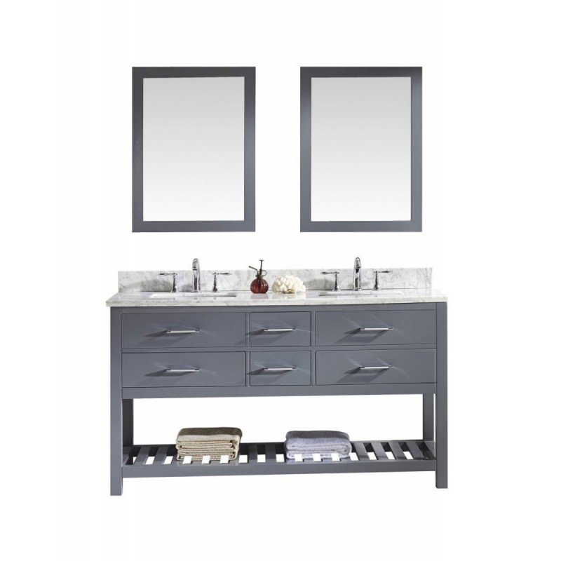 Caroline Estate 60" Double Bathroom Vanity in Grey with Marble Top and Square Sink with Mirrors