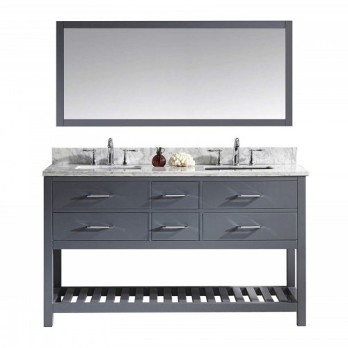 Caroline Estate 60" Double Bathroom Vanity in Grey with Marble Top and Square Sink with Brushed Nickel Faucet and Mirror