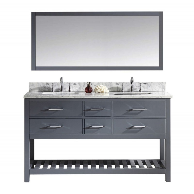 Caroline Estate 60" Double Bathroom Vanity in Grey with Marble Top and Square Sink with Brushed Nickel Faucet and Mirror