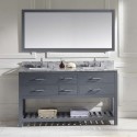 Caroline Estate 60" Double Bathroom Vanity in Grey with Marble Top and Square Sink with Polished Chrome Faucet and Mirror