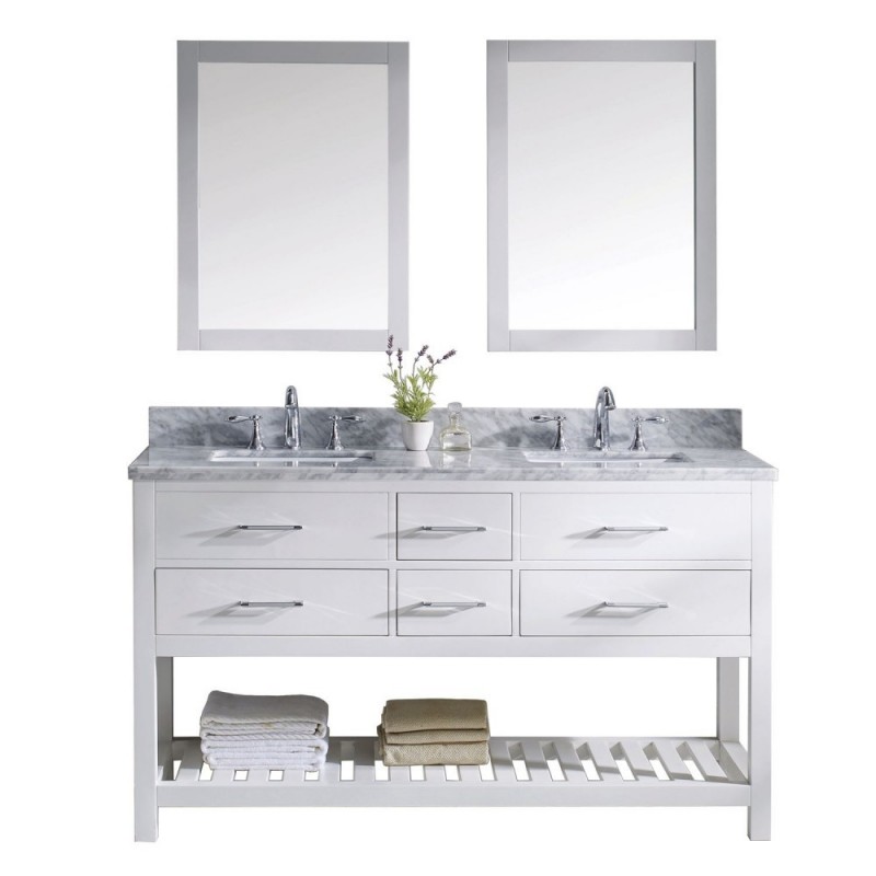 Caroline Estate 60" Double Bathroom Vanity in White with Marble Top and Square Sink with Polished Chrome Faucet and Mirrors
