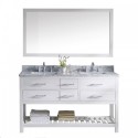 Caroline Estate 60" Double Bathroom Vanity in White with Marble Top and Square Sink with Polished Chrome Faucet and Mirror