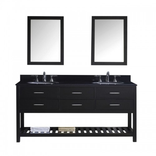 Caroline Estate 72" Double Bathroom Vanity in Espresso with Black Galaxy Granite Top and Round Sink with Brushed Nickel Faucet and Mirrors