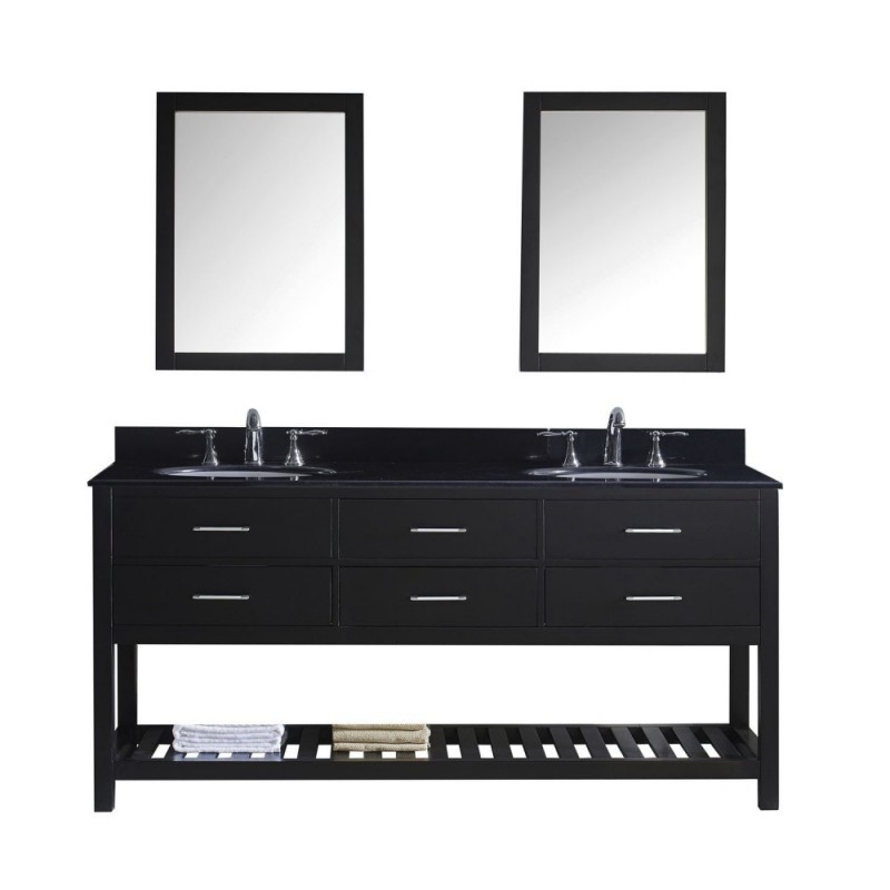 Caroline Estate 72" Double Bathroom Vanity in Espresso with Black Galaxy Granite Top and Round Sink with Brushed Nickel Faucet and Mirrors