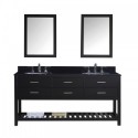 Caroline Estate 72" Double Bathroom Vanity in Espresso with Black Galaxy Granite Top and Round Sink with Brushed Nickel Faucet and Mirrors