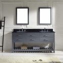Caroline Estate 72" Double Bathroom Vanity in Grey with Black Galaxy Granite Top and Round Sink with Polished Chrome Faucet and Mirrors