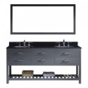 Caroline Estate 72" Double Bathroom Vanity in Grey with Black Galaxy Granite Top and Round Sink with Mirror