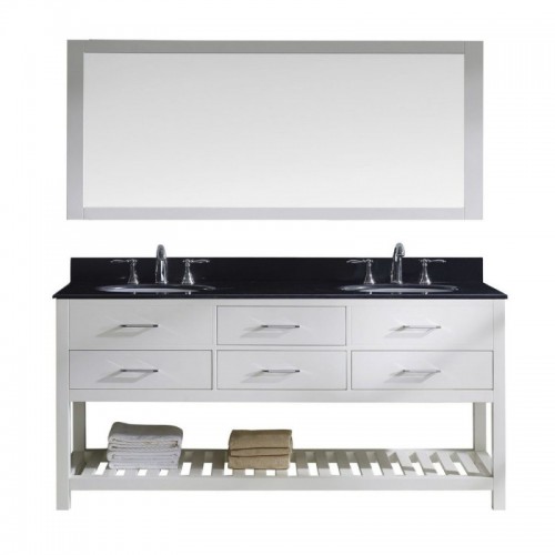 Caroline Estate 72" Double Bathroom Vanity in White with Black Galaxy Granite Top and Round Sink with Mirror