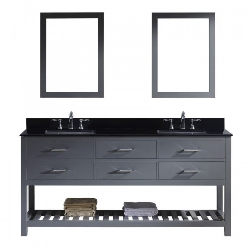 Caroline Estate 72" Double Bathroom Vanity in Grey with Black Galaxy Granite Top and Square Sink with Polished Chrome Faucet and Mirrors