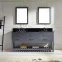 Caroline Estate 72" Double Bathroom Vanity in Grey with Black Galaxy Granite Top and Square Sink with Polished Chrome Faucet and Mirrors