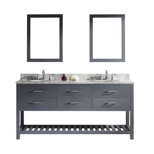 Caroline Estate 72" Double Bathroom Vanity in Grey with Marble Top and Round Sink with Polished Chrome Faucet and Mirrors