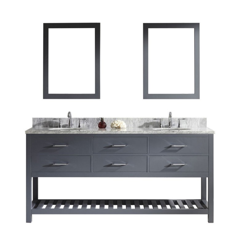 Caroline Estate 72" Double Bathroom Vanity in Grey with Marble Top and Round Sink with Polished Chrome Faucet and Mirrors