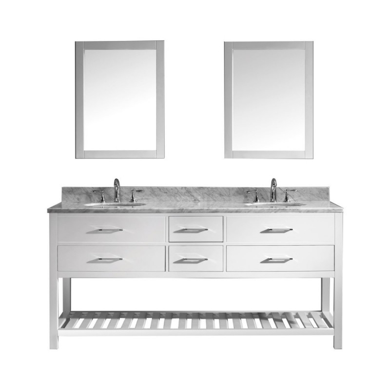 Caroline Estate 72" Double Bathroom Vanity in White with Marble Top and Round Sink with Brushed Nickel Faucet and Mirrors