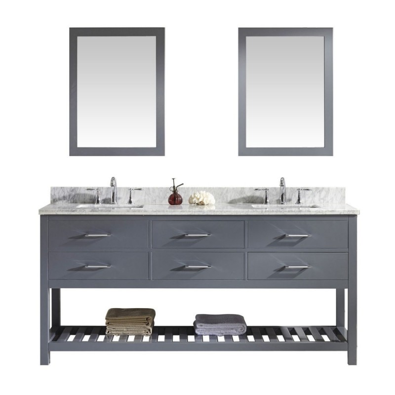 Caroline Estate 72" Double Bathroom Vanity in Grey with Marble Top and Square Sink with Brushed Nickel Faucet and Mirrors