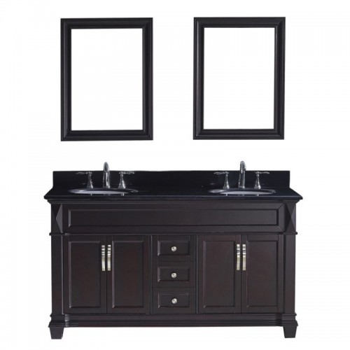 Victoria 60" Double Bathroom Vanity in Espresso with Black Galaxy Granite Top and Round Sink with Polished Chrome Faucet and Mirrors